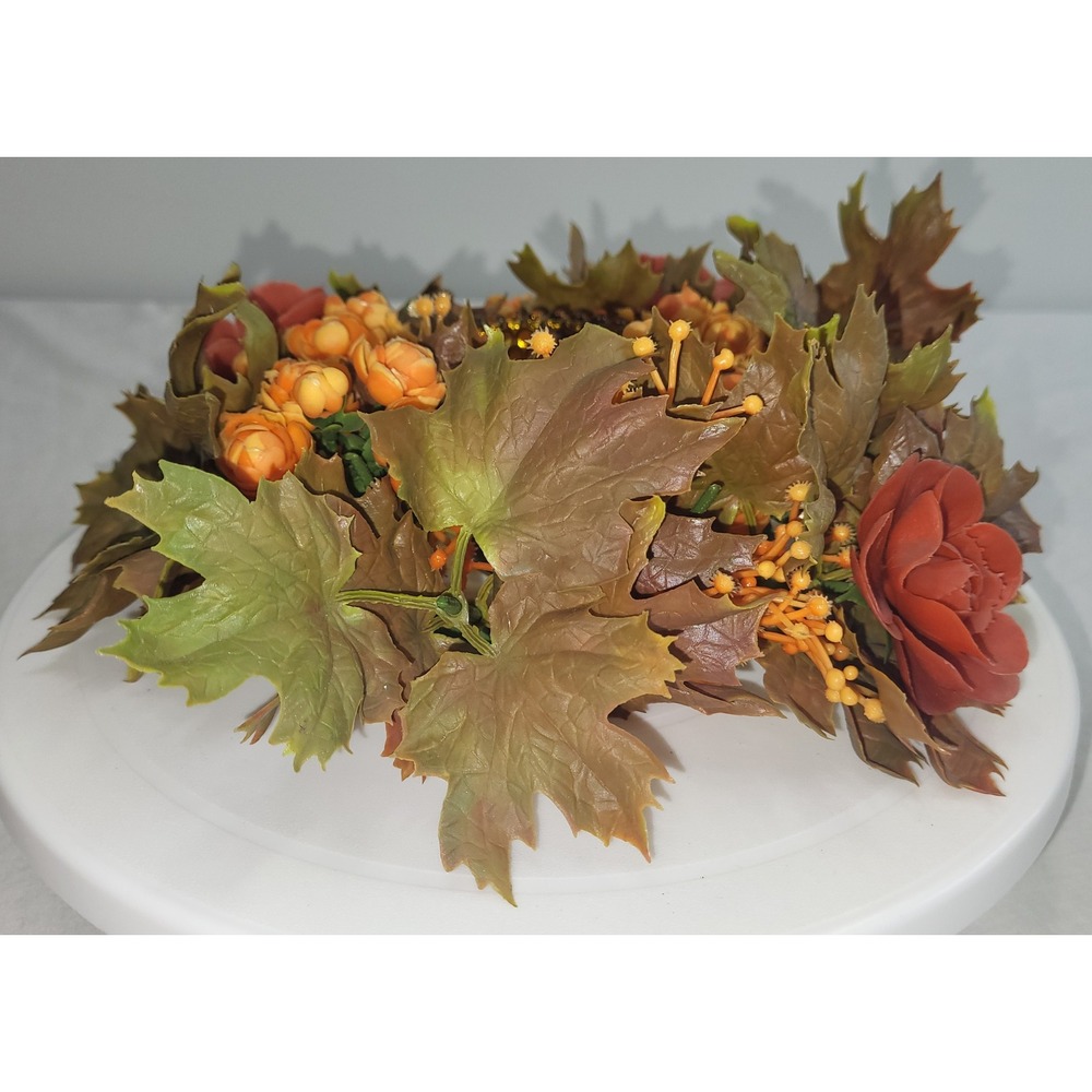 Autumn Floral Candle Ring Fall Decor Orange Brown Amber Holder Vtg Grannycore - Picture 3 of 12